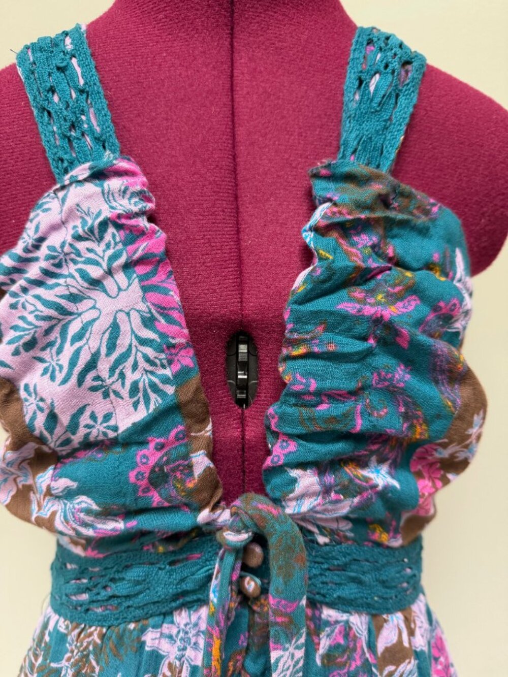 Free People Teal Floral Romper With Lace Detail - Size XS - Picture 2 of 7